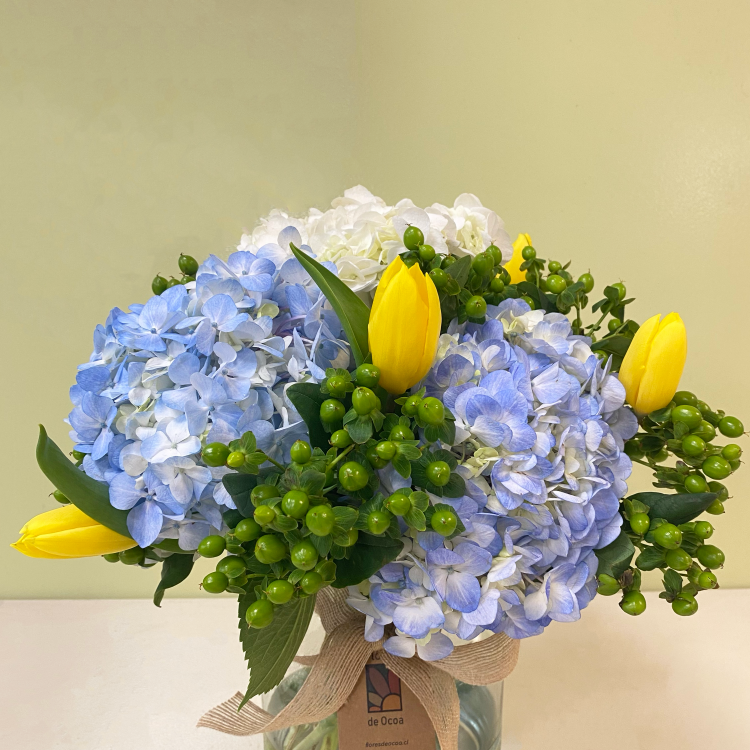 Florero Hortensias Celeste & Tulipán